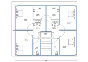“Detailed 2-unit 2BHK house plan for a 40×30 plot (actual size: 38×32 ft) featuring two symmetrical 2BHK units with a central staircase, two kitchens, two drawing/living areas, four bedrooms sized 14×10 ft each, and two toilets. Includes well-structured room placement, vastu-friendly design, balanced ventilation, and efficient twin-unit residential planning ideal for rentals or joint-family living.”