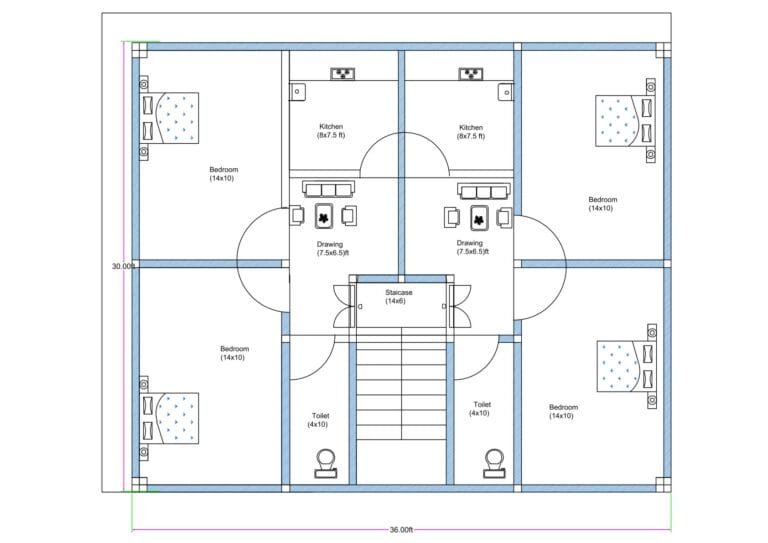 “Detailed 2-unit 2BHK house plan for a 40×30 plot (actual size: 38×32 ft) featuring two symmetrical 2BHK units with a central staircase, two kitchens, two drawing/living areas, four bedrooms sized 14×10 ft each, and two toilets. Includes well-structured room placement, vastu-friendly design, balanced ventilation, and efficient twin-unit residential planning ideal for rentals or joint-family living.”
