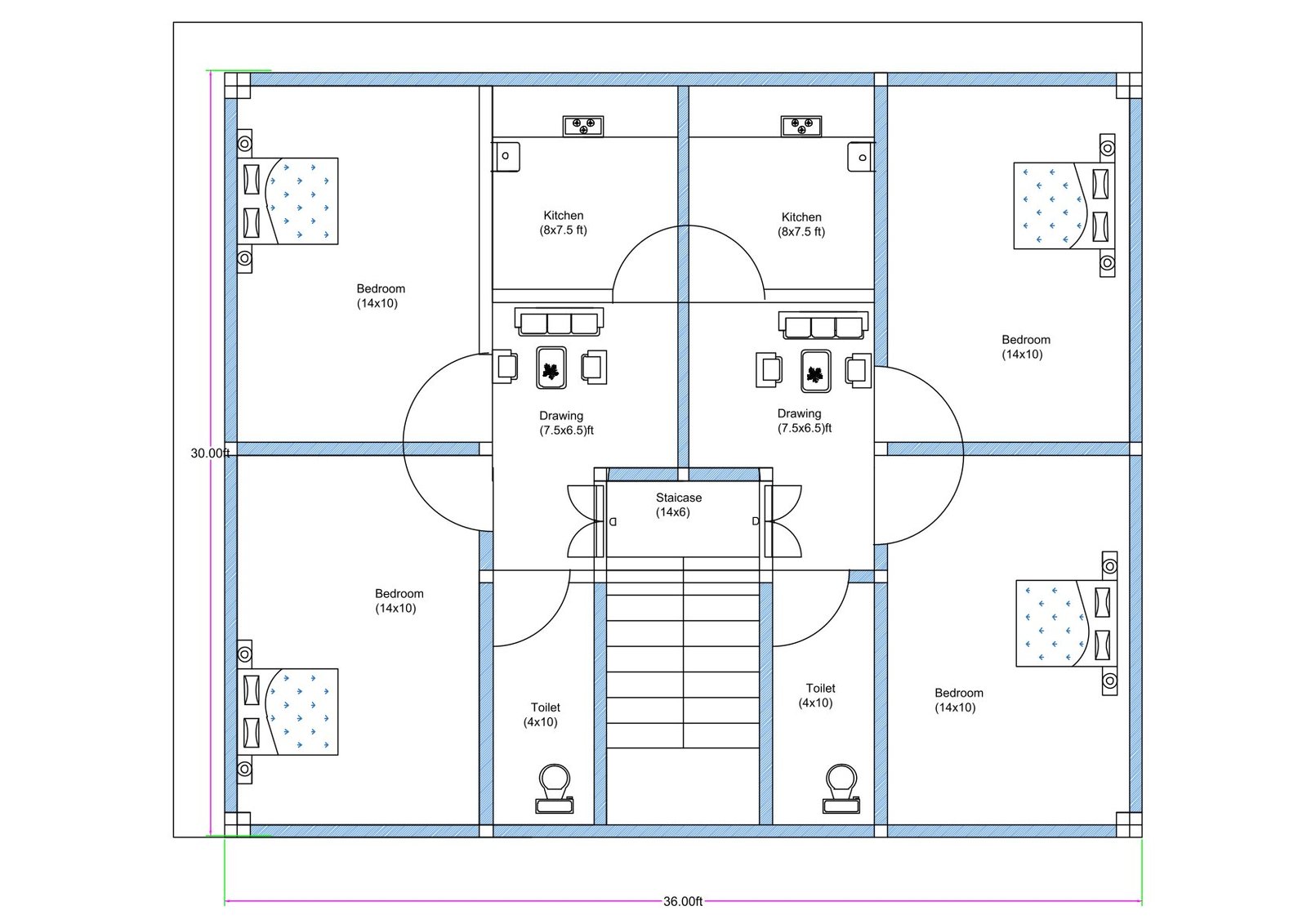 “Detailed 2-unit 2BHK house plan for a 40×30 plot (actual size: 38×32 ft) featuring two symmetrical 2BHK units with a central staircase, two kitchens, two drawing/living areas, four bedrooms sized 14×10 ft each, and two toilets. Includes well-structured room placement, vastu-friendly design, balanced ventilation, and efficient twin-unit residential planning ideal for rentals or joint-family living.”