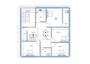 “Detailed 4BHK house plan for a 40×40 plot (actual size: 38×38 ft) featuring four bedrooms, central dining area, drawing room, modular kitchen, store room, staircase with parking space, and two toilets. Includes room dimensions like 12×12 ft bedrooms, 13×12 ft master bedroom, well-ventilated layout, and efficient square house planning suitable for compact and modern Indian homes.”