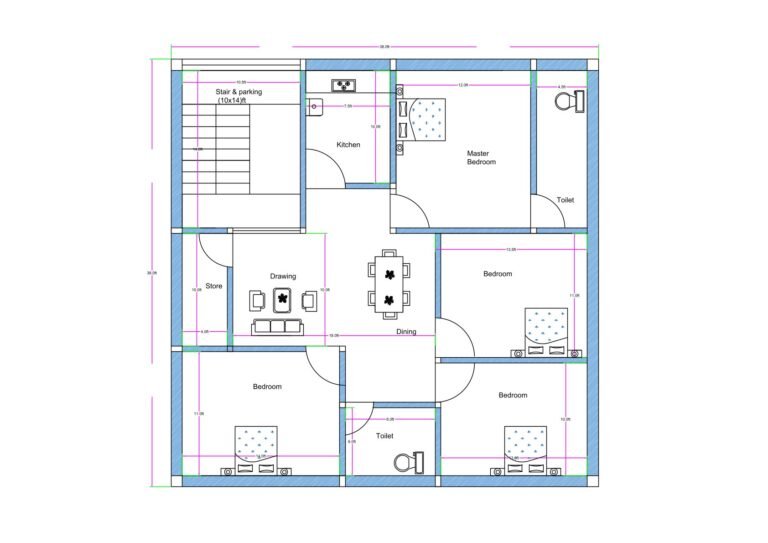 “Detailed 4BHK house plan for a 40×40 plot (actual size: 38×38 ft) featuring four bedrooms, central dining area, drawing room, modular kitchen, store room, staircase with parking space, and two toilets. Includes room dimensions like 12×12 ft bedrooms, 13×12 ft master bedroom, well-ventilated layout, and efficient square house planning suitable for compact and modern Indian homes.”
