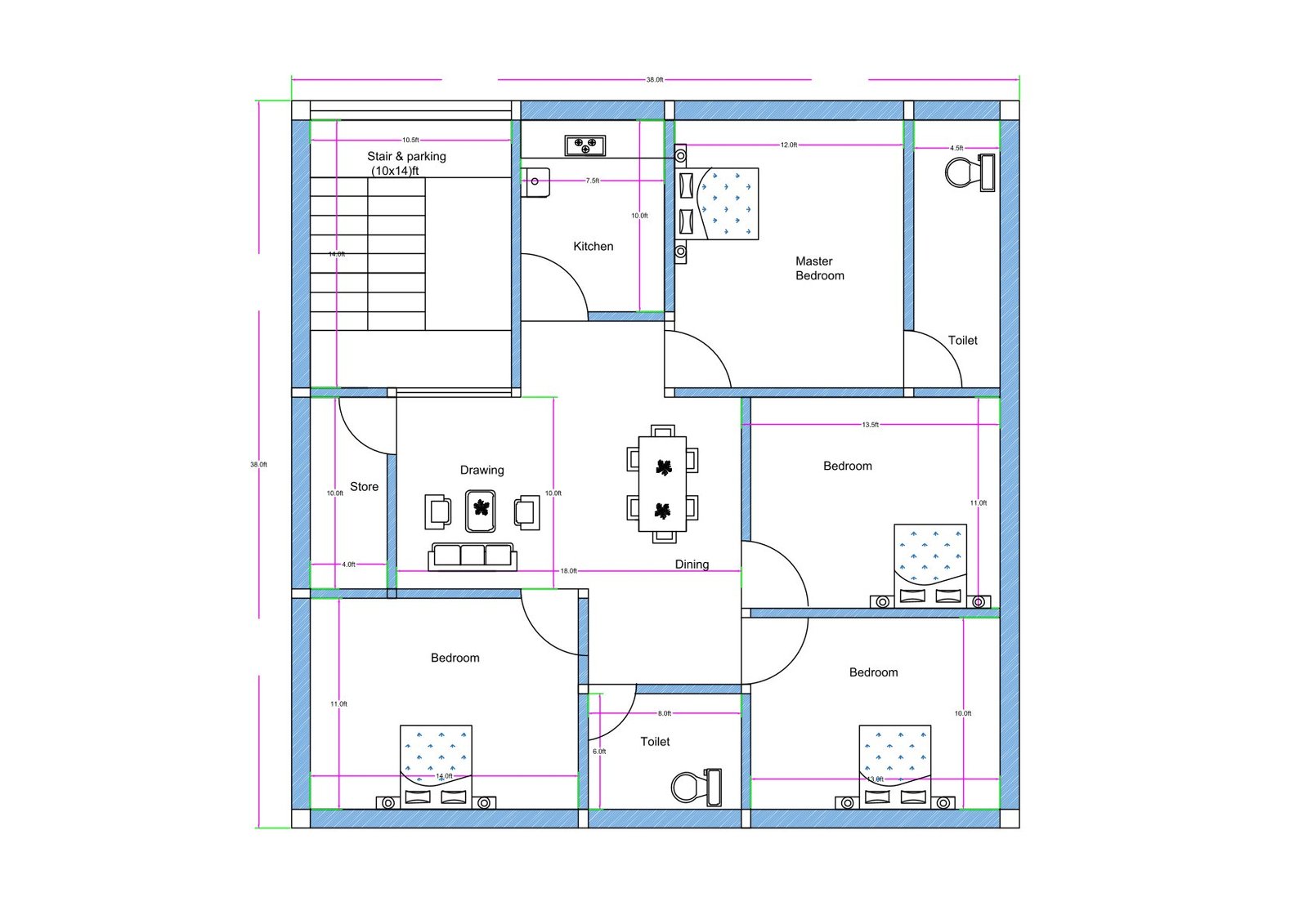 “Detailed 4BHK house plan for a 40×40 plot (actual size: 38×38 ft) featuring four bedrooms, central dining area, drawing room, modular kitchen, store room, staircase with parking space, and two toilets. Includes room dimensions like 12×12 ft bedrooms, 13×12 ft master bedroom, well-ventilated layout, and efficient square house planning suitable for compact and modern Indian homes.”