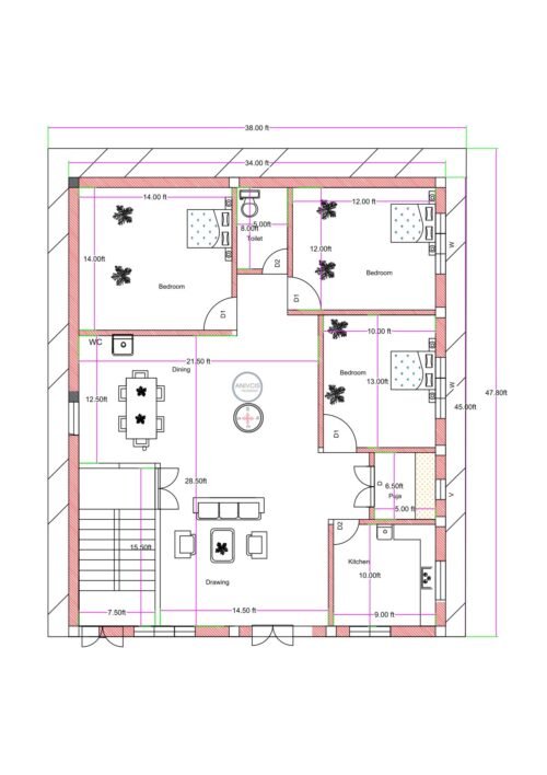 “Detailed south-facing 3BHK house plan for a 40×50 plot (actual size: 38×47.8 ft) showing three bedrooms, a spacious drawing room, large dining area, modular kitchen, puja room, staircase, WC, and toilets. Includes room dimensions such as 14×14 ft bedroom, 12×12 ft bedroom, 13×10 ft bedroom, and vastu-friendly south-facing entry with well-structured ventilation and layout planning.”
