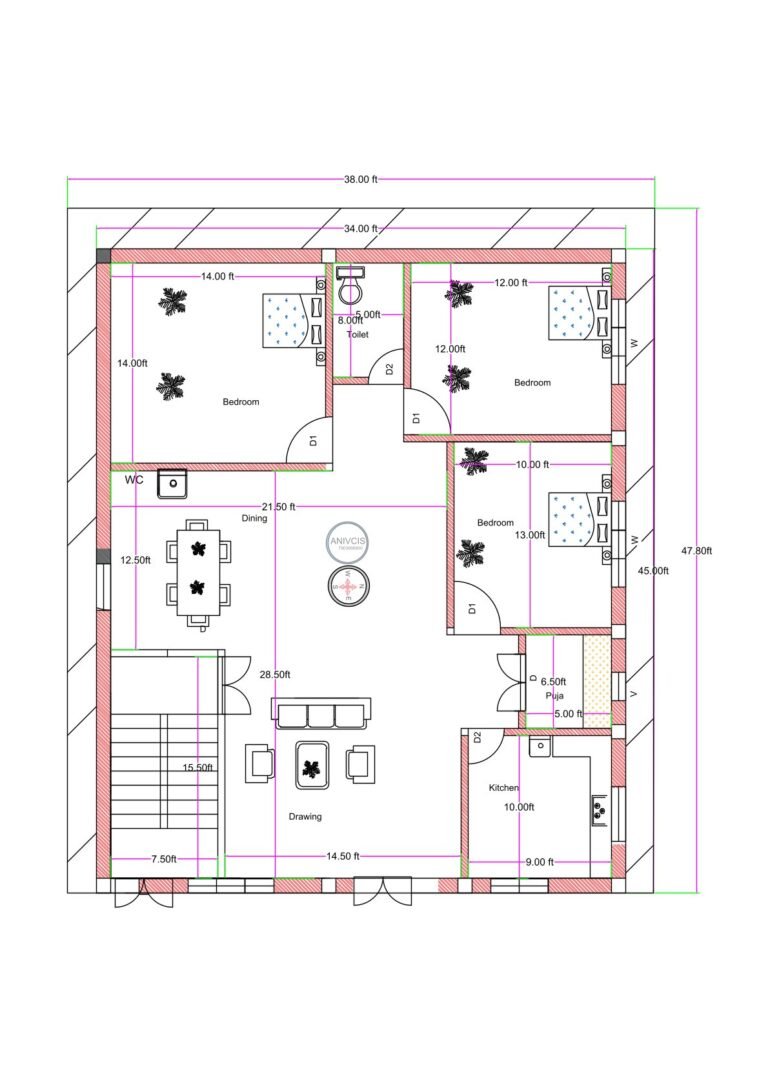 “Detailed south-facing 3BHK house plan for a 40×50 plot (actual size: 38×47.8 ft) showing three bedrooms, a spacious drawing room, large dining area, modular kitchen, puja room, staircase, WC, and toilets. Includes room dimensions such as 14×14 ft bedroom, 12×12 ft bedroom, 13×10 ft bedroom, and vastu-friendly south-facing entry with well-structured ventilation and layout planning.”