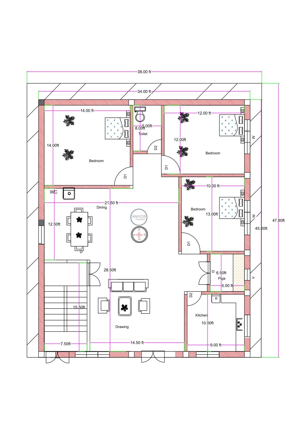 “Detailed south-facing 3BHK house plan for a 40×50 plot (actual size: 38×47.8 ft) showing three bedrooms, a spacious drawing room, large dining area, modular kitchen, puja room, staircase, WC, and toilets. Includes room dimensions such as 14×14 ft bedroom, 12×12 ft bedroom, 13×10 ft bedroom, and vastu-friendly south-facing entry with well-structured ventilation and layout planning.”