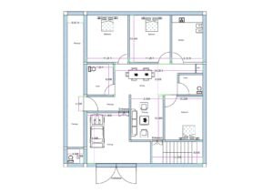 “Vastu-friendly west-facing 40×45 house plan (actual size 39.5×43 ft) with a north-side long passage, dual entrances from the west and north, covered parking, spacious drawing–dining area, three well-planned bedrooms, attached toilets, and a perfectly placed kitchen as per vastu guidelines.”