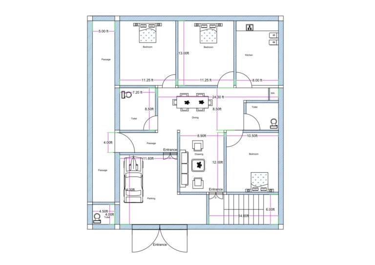 “Vastu-friendly west-facing 40×45 house plan (actual size 39.5×43 ft) with a north-side long passage, dual entrances from the west and north, covered parking, spacious drawing–dining area, three well-planned bedrooms, attached toilets, and a perfectly placed kitchen as per vastu guidelines.”