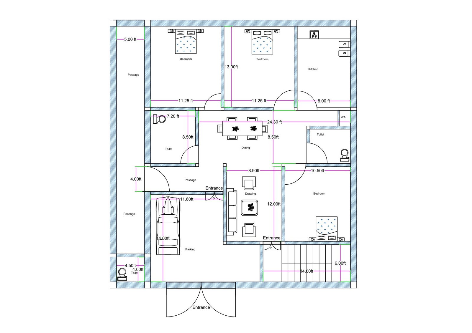 “Vastu-friendly west-facing 40×45 house plan (actual size 39.5×43 ft) with a north-side long passage, dual entrances from the west and north, covered parking, spacious drawing–dining area, three well-planned bedrooms, attached toilets, and a perfectly placed kitchen as per vastu guidelines.”