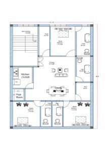 “Detailed south-facing 3BHK house plan for a 40×40 plot (actual size: 40×37.7 ft) featuring three master bedrooms with attached toilets, central drawing room, large dining space, modular kitchen, puja room, study area, store room, and staircase with parking space. Includes room dimensions such as 11×13 ft bedrooms, 17×10 ft drawing hall, 7×10 ft kitchen, and vastu-friendly south-facing entry layout.”