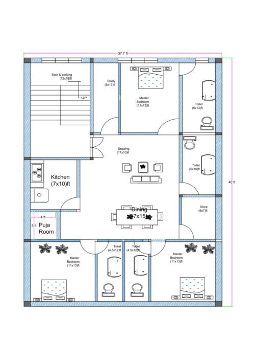 “Detailed south-facing 3BHK house plan for a 40×40 plot (actual size: 40×37.7 ft) featuring three master bedrooms with attached toilets, central drawing room, large dining space, modular kitchen, puja room, study area, store room, and staircase with parking space. Includes room dimensions such as 11×13 ft bedrooms, 17×10 ft drawing hall, 7×10 ft kitchen, and vastu-friendly south-facing entry layout.”