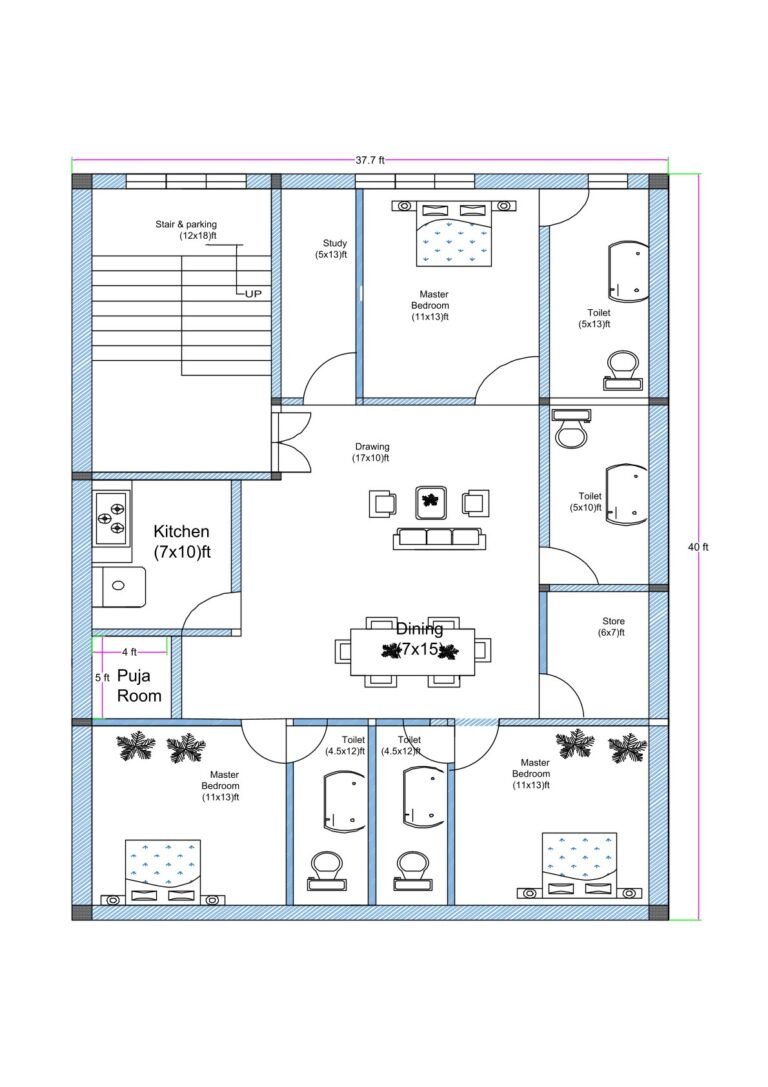 “Detailed south-facing 3BHK house plan for a 40×40 plot (actual size: 40×37.7 ft) featuring three master bedrooms with attached toilets, central drawing room, large dining space, modular kitchen, puja room, study area, store room, and staircase with parking space. Includes room dimensions such as 11×13 ft bedrooms, 17×10 ft drawing hall, 7×10 ft kitchen, and vastu-friendly south-facing entry layout.”