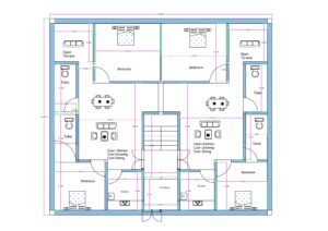 “Vastu-friendly 2-unit 2BHK house plan for a 40×40 plot (actual size: 40×40 ft) featuring two symmetrical 2BHK units, open kitchen–drawing–dining layouts, four bedrooms, four toilets, lift space, staircase, and terraces. Includes well-planned ventilation, vastu-compliant room placement, and balanced east–west–north–south zoning suitable for joint-family or rental homes.”