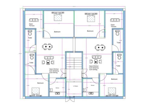 “Vastu-friendly 2-unit 2BHK house plan for a 40×40 plot (actual size: 40×40 ft) featuring two symmetrical 2BHK units, open kitchen–drawing–dining layouts, four bedrooms, four toilets, lift space, staircase, and terraces. Includes well-planned ventilation, vastu-compliant room placement, and balanced east–west–north–south zoning suitable for joint-family or rental homes.”
