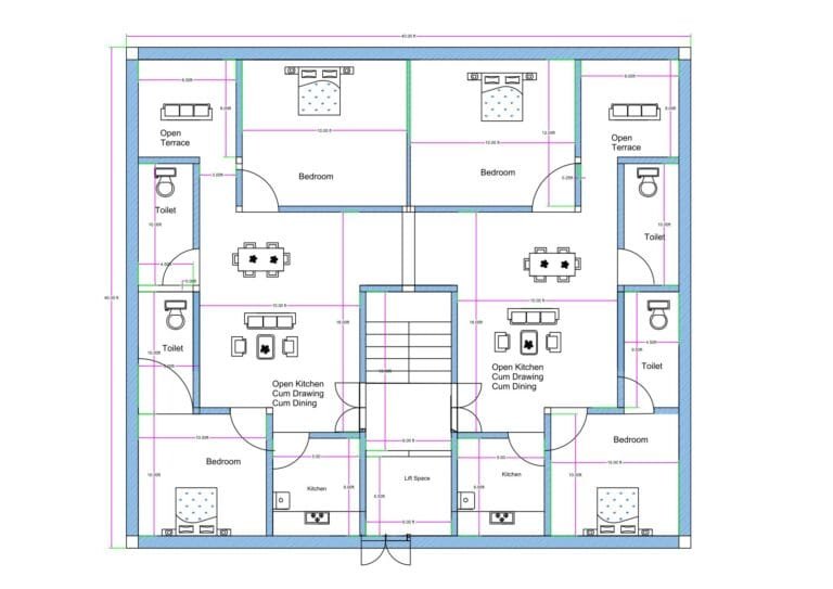 “Vastu-friendly 2-unit 2BHK house plan for a 40×40 plot (actual size: 40×40 ft) featuring two symmetrical 2BHK units, open kitchen–drawing–dining layouts, four bedrooms, four toilets, lift space, staircase, and terraces. Includes well-planned ventilation, vastu-compliant room placement, and balanced east–west–north–south zoning suitable for joint-family or rental homes.”