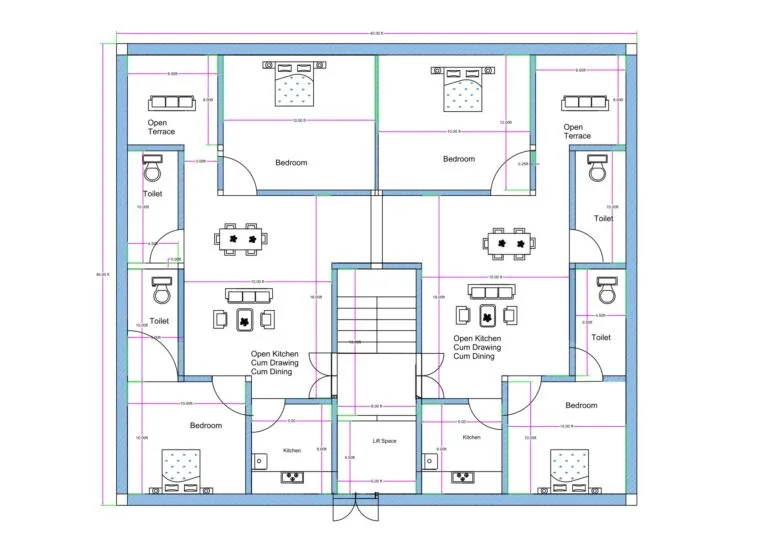 “Vastu-friendly 2-unit 2BHK house plan for a 40×40 plot (actual size: 40×40 ft) featuring two symmetrical 2BHK units, open kitchen–drawing–dining layouts, four bedrooms, four toilets, lift space, staircase, and terraces. Includes well-planned ventilation, vastu-compliant room placement, and balanced east–west–north–south zoning suitable for joint-family or rental homes.”
