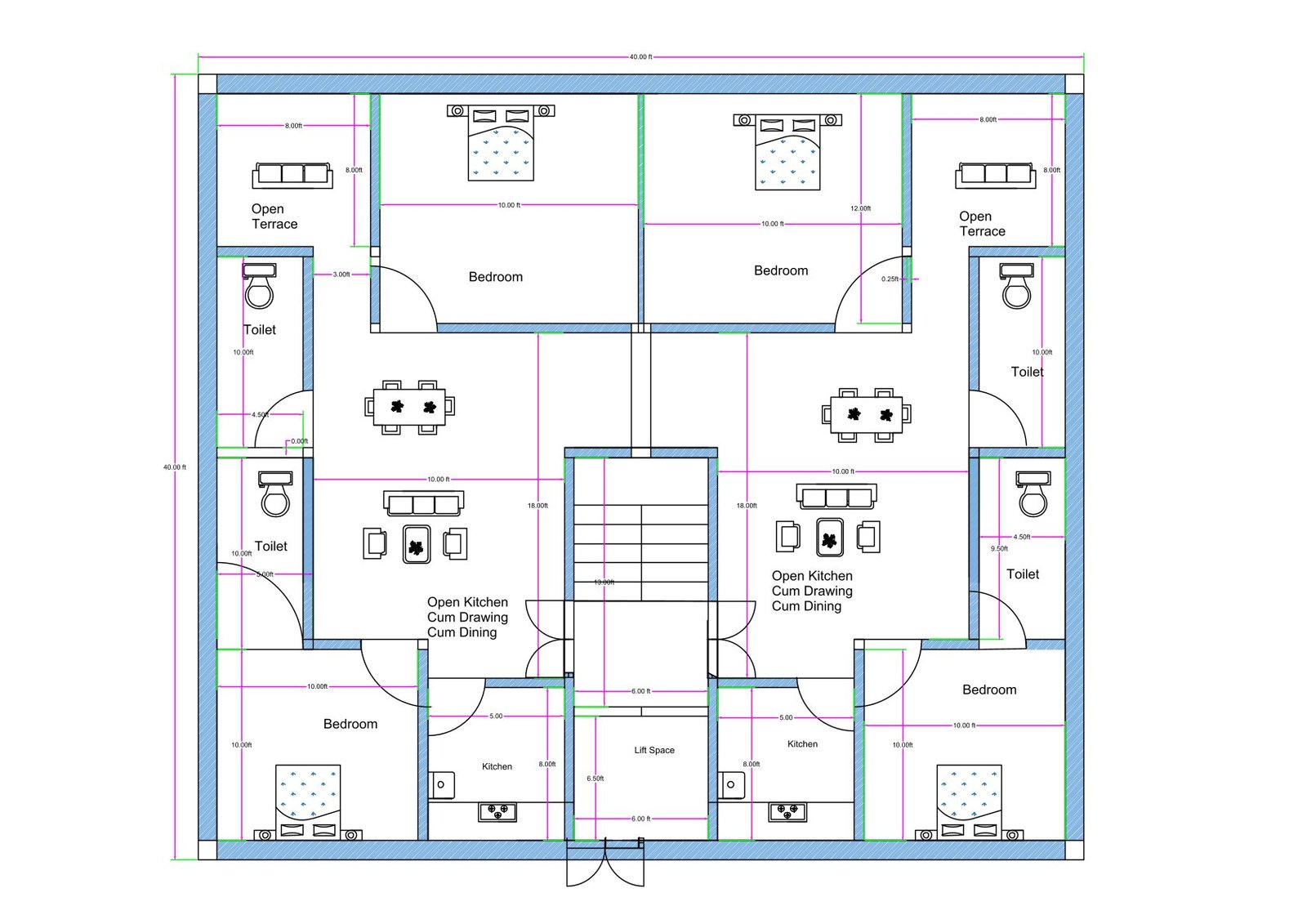 “Vastu-friendly 2-unit 2BHK house plan for a 40×40 plot (actual size: 40×40 ft) featuring two symmetrical 2BHK units, open kitchen–drawing–dining layouts, four bedrooms, four toilets, lift space, staircase, and terraces. Includes well-planned ventilation, vastu-compliant room placement, and balanced east–west–north–south zoning suitable for joint-family or rental homes.”