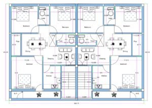“Vastu-friendly dual 3BHK house plan for a 40×60 plot (actual size: 40×60 ft) featuring two symmetrical 3BHK units, each with three bedrooms, dining area, puja room, drawing room, kitchen, toilets, wash area, OTS ventilation shafts, and central staircase. Ideal rental house layout for two families with perfect east–west ventilation and balanced room placement.”