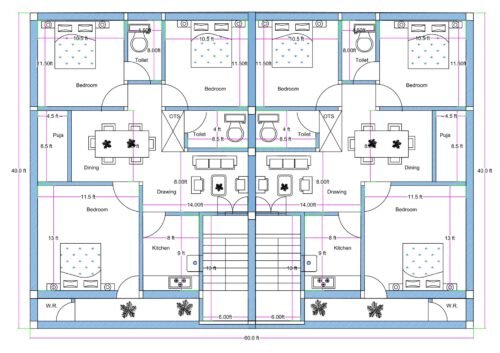 “Vastu-friendly dual 3BHK house plan for a 40×60 plot (actual size: 40×60 ft) featuring two symmetrical 3BHK units, each with three bedrooms, dining area, puja room, drawing room, kitchen, toilets, wash area, OTS ventilation shafts, and central staircase. Ideal rental house layout for two families with perfect east–west ventilation and balanced room placement.”