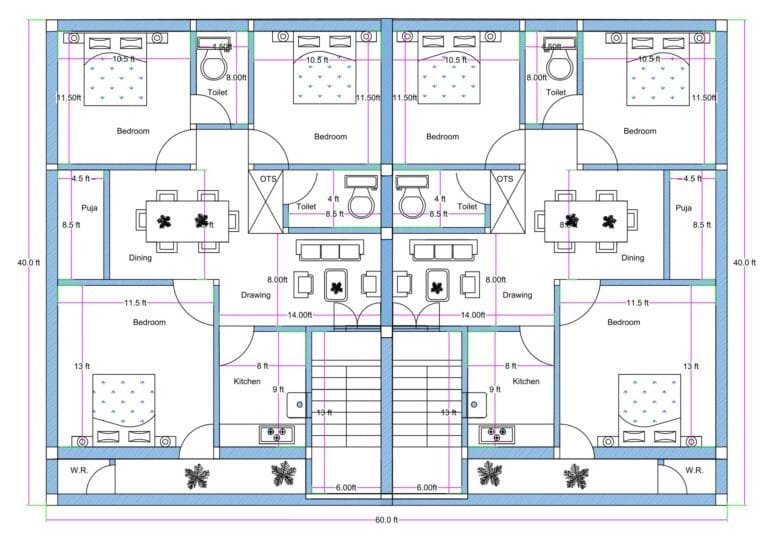 “Vastu-friendly dual 3BHK house plan for a 40×60 plot (actual size: 40×60 ft) featuring two symmetrical 3BHK units, each with three bedrooms, dining area, puja room, drawing room, kitchen, toilets, wash area, OTS ventilation shafts, and central staircase. Ideal rental house layout for two families with perfect east–west ventilation and balanced room placement.”