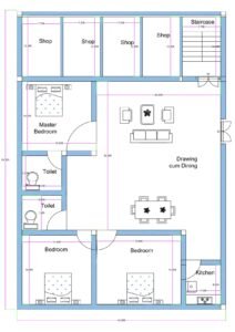 “40×60 mixed-use house plan (actual size: 40×60 ft) featuring a 3BHK residential unit with a 25×30 ft drawing-cum-dining hall, three spacious bedrooms including a 15×14 ft master bedroom, two attached toilets, modular kitchen, and four roadside shops each measuring approx. 7.5×12 ft, plus staircase access. Ideal for rental income and family living.”