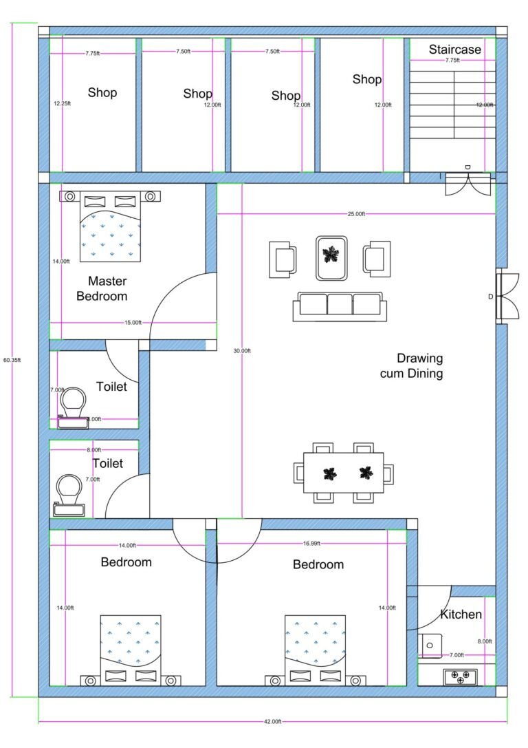 “40×60 mixed-use house plan (actual size: 40×60 ft) featuring a 3BHK residential unit with a 25×30 ft drawing-cum-dining hall, three spacious bedrooms including a 15×14 ft master bedroom, two attached toilets, modular kitchen, and four roadside shops each measuring approx. 7.5×12 ft, plus staircase access. Ideal for rental income and family living.”