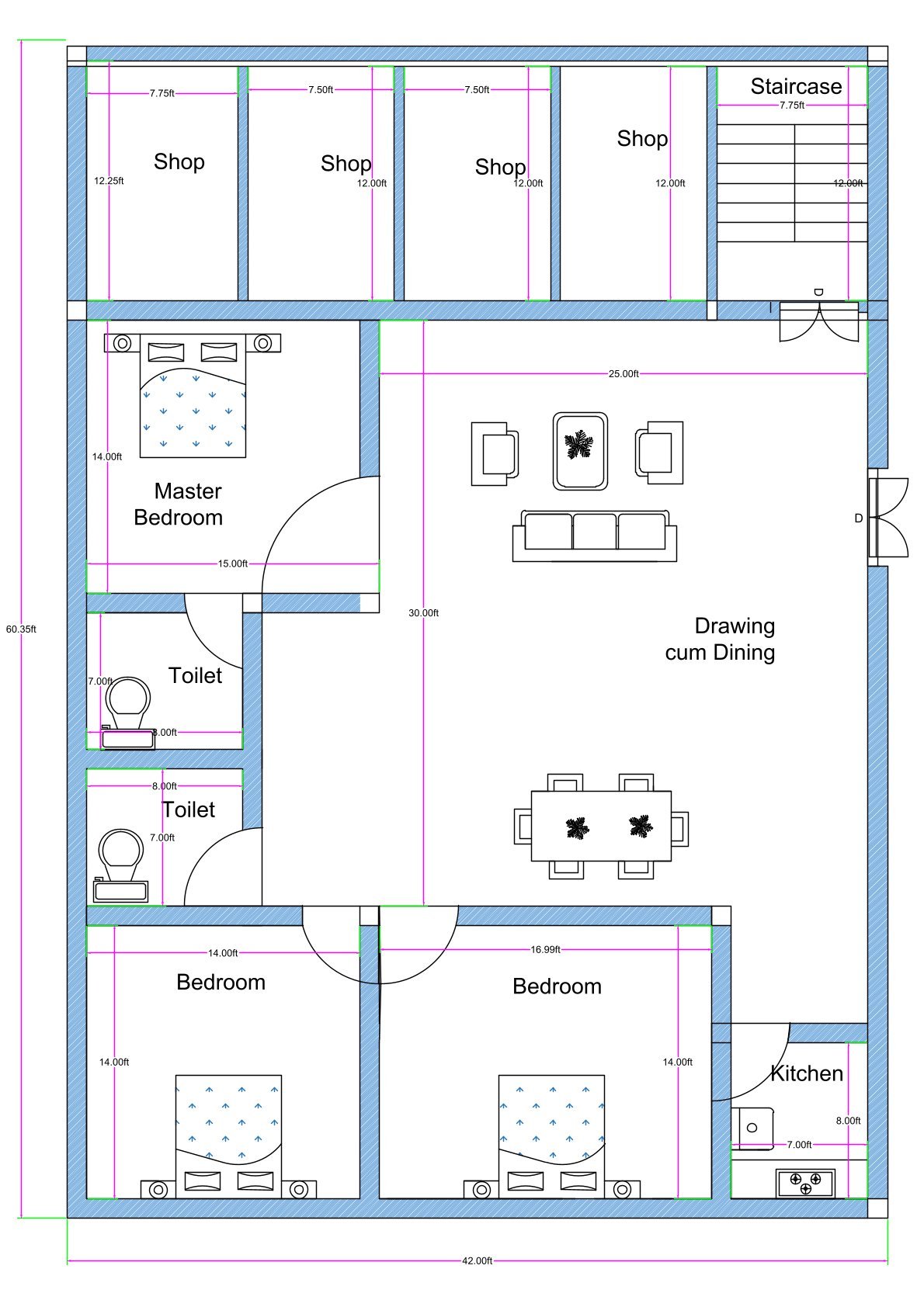 “40×60 mixed-use house plan (actual size: 40×60 ft) featuring a 3BHK residential unit with a 25×30 ft drawing-cum-dining hall, three spacious bedrooms including a 15×14 ft master bedroom, two attached toilets, modular kitchen, and four roadside shops each measuring approx. 7.5×12 ft, plus staircase access. Ideal for rental income and family living.”