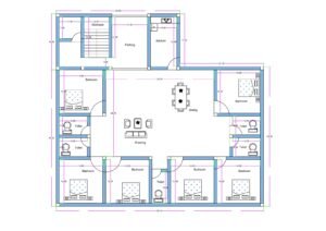 “Spacious 6BHK house plan for a 40×60 plot (actual size: 40×60 ft) featuring six bedrooms each with attached toilets, a large central drawing–dining hall, modular kitchen, dedicated parking area, and staircase access. Includes balanced layout for joint families, vastu-friendly room positioning, and excellent ventilation.”