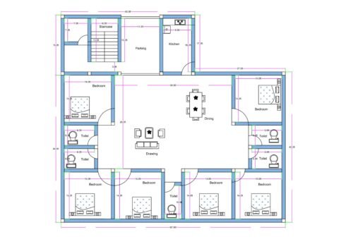 “Spacious 6BHK house plan for a 40×60 plot (actual size: 40×60 ft) featuring six bedrooms each with attached toilets, a large central drawing–dining hall, modular kitchen, dedicated parking area, and staircase access. Includes balanced layout for joint families, vastu-friendly room positioning, and excellent ventilation.”