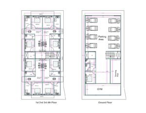 “Modern apartment building plan for a 45×90 plot (actual size: 42.25×90 ft) featuring ground-floor commercial amenities including large parking area, gym, swimming pool, reception, lift, and staircase; upper 1st to 4th floors include four identical 2BHK units per floor with bedrooms, attached toilets, dining areas, kitchens, and balconies. Ideal for rental apartments or multi-unit housing projects.”