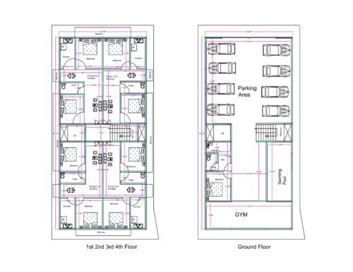 “Modern apartment building plan for a 45×90 plot (actual size: 42.25×90 ft) featuring ground-floor commercial amenities including large parking area, gym, swimming pool, reception, lift, and staircase; upper 1st to 4th floors include four identical 2BHK units per floor with bedrooms, attached toilets, dining areas, kitchens, and balconies. Ideal for rental apartments or multi-unit housing projects.”