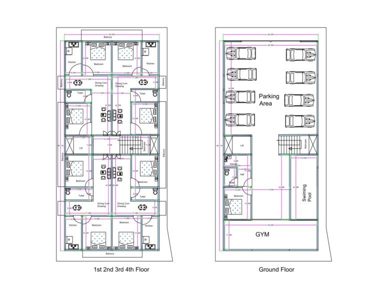 “Modern apartment building plan for a 45×90 plot (actual size: 42.25×90 ft) featuring ground-floor commercial amenities including large parking area, gym, swimming pool, reception, lift, and staircase; upper 1st to 4th floors include four identical 2BHK units per floor with bedrooms, attached toilets, dining areas, kitchens, and balconies. Ideal for rental apartments or multi-unit housing projects.”