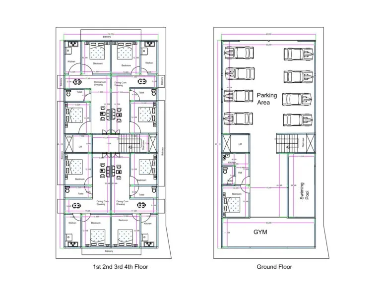 “Modern apartment building plan for a 45×90 plot (actual size: 42.25×90 ft) featuring ground-floor commercial amenities including large parking area, gym, swimming pool, reception, lift, and staircase; upper 1st to 4th floors include four identical 2BHK units per floor with bedrooms, attached toilets, dining areas, kitchens, and balconies. Ideal for rental apartments or multi-unit housing projects.”