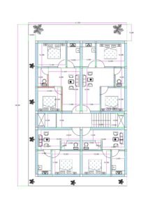 “East-facing apartment-style house plan for a 40×60 plot (actual size 42×59 ft) featuring two 2BHK flats and two 1BHK flats per residential floor, three-side ventilation, plantation areas on all sides, central staircase, drawing room, dining, bedrooms with attached toilets, and setbacks left for airflow and natural light. Ground floor designed for open parking instead of flats.”
