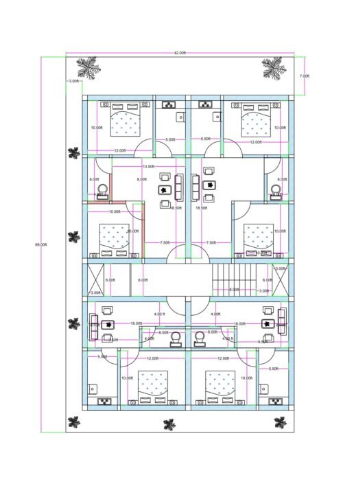“East-facing apartment-style house plan for a 40×60 plot (actual size 42×59 ft) featuring two 2BHK flats and two 1BHK flats per residential floor, three-side ventilation, plantation areas on all sides, central staircase, drawing room, dining, bedrooms with attached toilets, and setbacks left for airflow and natural light. Ground floor designed for open parking instead of flats.”