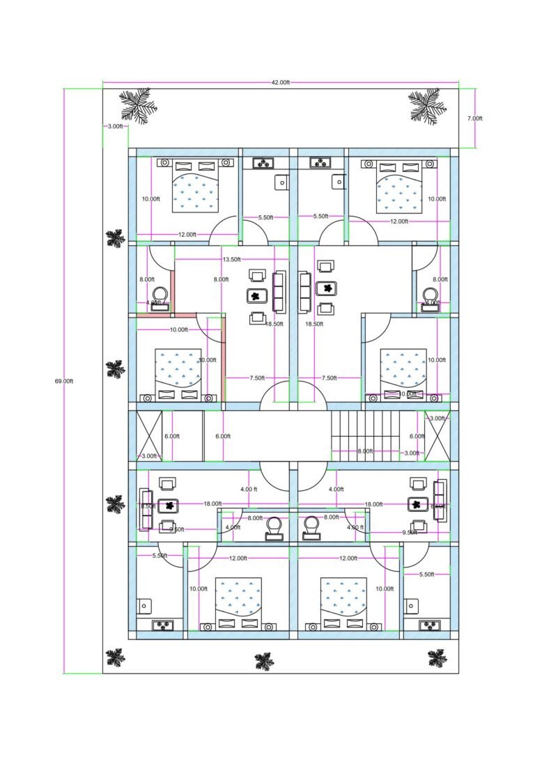 “East-facing apartment-style house plan for a 40×60 plot (actual size 42×59 ft) featuring two 2BHK flats and two 1BHK flats per residential floor, three-side ventilation, plantation areas on all sides, central staircase, drawing room, dining, bedrooms with attached toilets, and setbacks left for airflow and natural light. Ground floor designed for open parking instead of flats.”