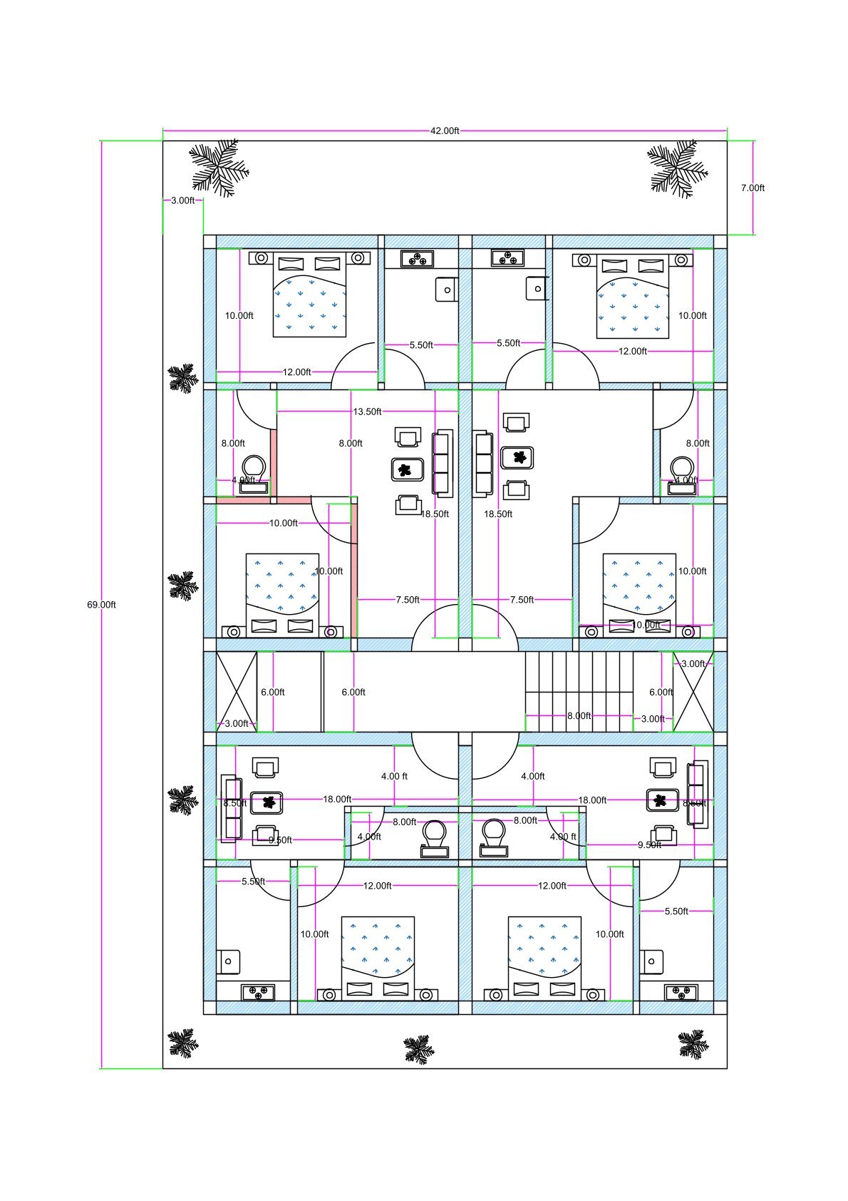 “East-facing apartment-style house plan for a 40×60 plot (actual size 42×59 ft) featuring two 2BHK flats and two 1BHK flats per residential floor, three-side ventilation, plantation areas on all sides, central staircase, drawing room, dining, bedrooms with attached toilets, and setbacks left for airflow and natural light. Ground floor designed for open parking instead of flats.”