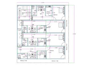 “East-facing 45×45 apartment floor plan (actual size 44×47.7 ft) featuring four compact 1BHK flats with individual bedrooms, halls, kitchens, attached toilets, 3-feet balconies on all sides, central staircase with lift, and proper ventilation from three directions. Ideal for rental housing, PGs, and multi-unit residential buildings.”