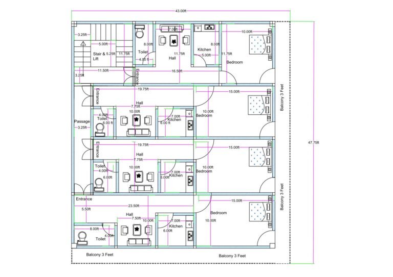 “East-facing 45×45 apartment floor plan (actual size 44×47.7 ft) featuring four compact 1BHK flats with individual bedrooms, halls, kitchens, attached toilets, 3-feet balconies on all sides, central staircase with lift, and proper ventilation from three directions. Ideal for rental housing, PGs, and multi-unit residential buildings.”