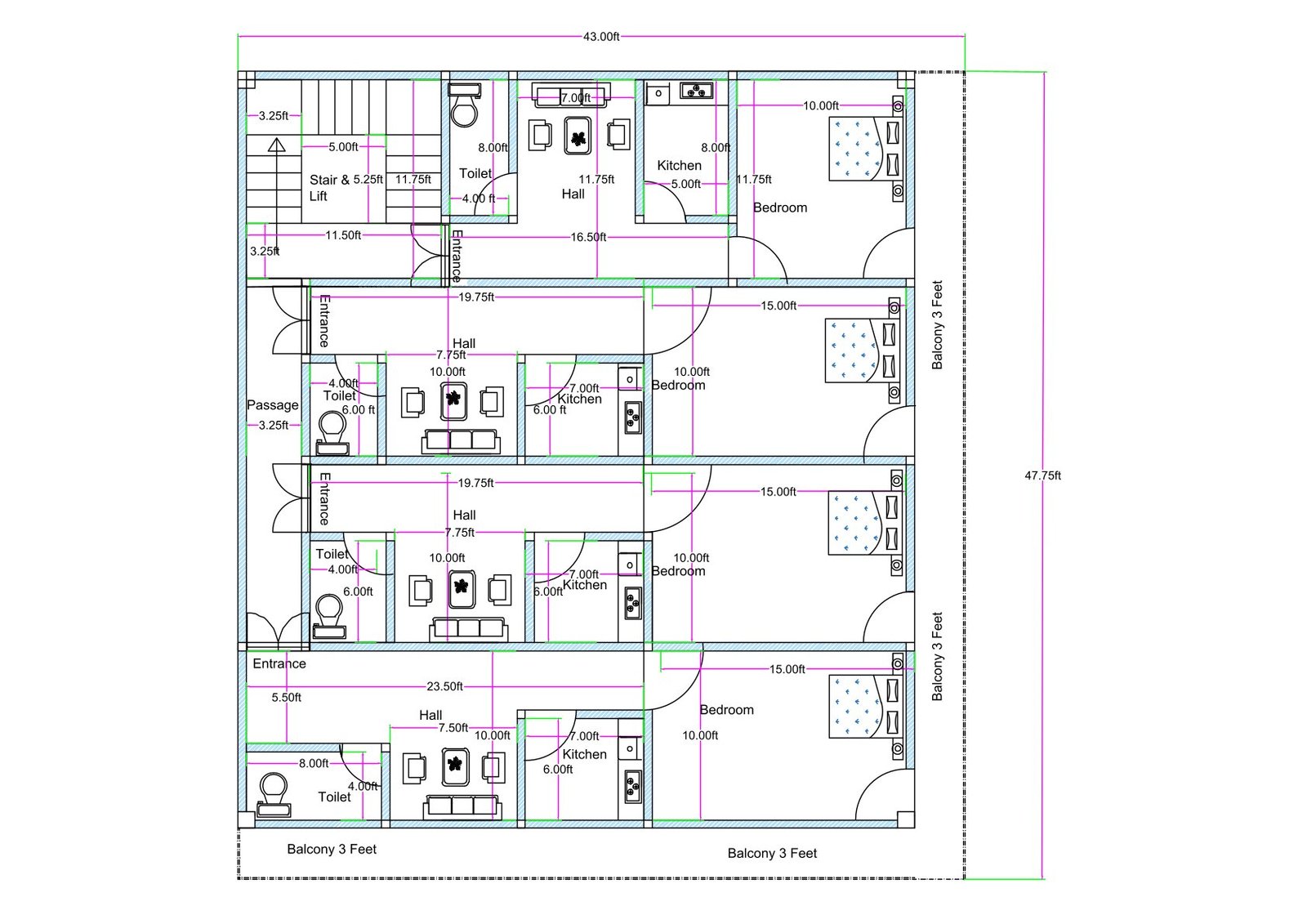 “East-facing 45×45 apartment floor plan (actual size 44×47.7 ft) featuring four compact 1BHK flats with individual bedrooms, halls, kitchens, attached toilets, 3-feet balconies on all sides, central staircase with lift, and proper ventilation from three directions. Ideal for rental housing, PGs, and multi-unit residential buildings.”