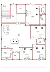 “East-facing 4BHK house plan for a 45×50 plot (actual size 45×50 ft) featuring four bedrooms, attached/common toilets, a large 24×20 ft drawing-cum-dining hall, kitchen with wash area, puja room, lift room, parking space, and staircase. Includes proper east-side entrance, ventilation windows on all sides, and vastu-friendly layout.”