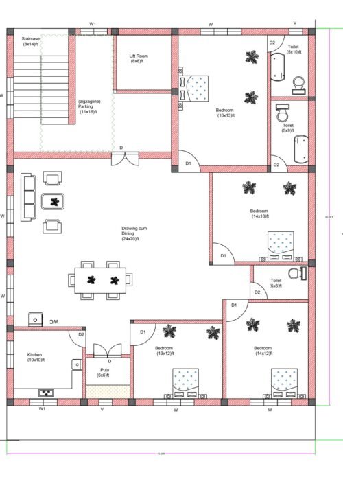 “East-facing 4BHK house plan for a 45×50 plot (actual size 45×50 ft) featuring four bedrooms, attached/common toilets, a large 24×20 ft drawing-cum-dining hall, kitchen with wash area, puja room, lift room, parking space, and staircase. Includes proper east-side entrance, ventilation windows on all sides, and vastu-friendly layout.”