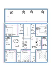 “East-facing 45×40 apartment plan (actual size 46×42 ft) featuring three residential units: a spacious 3BHK flat in the center, and two 2BHK flats on both sides. Includes front parking area with plantation, ventilated bedrooms, multiple drawing rooms, kitchens, attached toilets, balconies, and central staircase access.”
