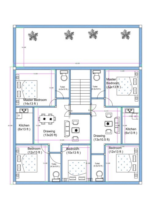 “East-facing 45×40 apartment plan (actual size 46×42 ft) featuring three residential units: a spacious 3BHK flat in the center, and two 2BHK flats on both sides. Includes front parking area with plantation, ventilated bedrooms, multiple drawing rooms, kitchens, attached toilets, balconies, and central staircase access.”