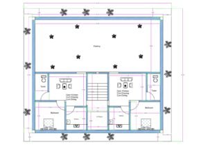 “East-facing 45×50 house plan (actual size 47×52.25 ft) featuring two 1BHK flats on the ground floor with open-kitchen–cum–dining layouts, attached toilets, central staircase with lift space, and a large landscaped parking area with plantations on all four sides for ventilation.”