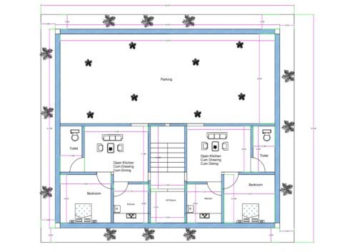 “East-facing 45×50 house plan (actual size 47×52.25 ft) featuring two 1BHK flats on the ground floor with open-kitchen–cum–dining layouts, attached toilets, central staircase with lift space, and a large landscaped parking area with plantations on all four sides for ventilation.”
