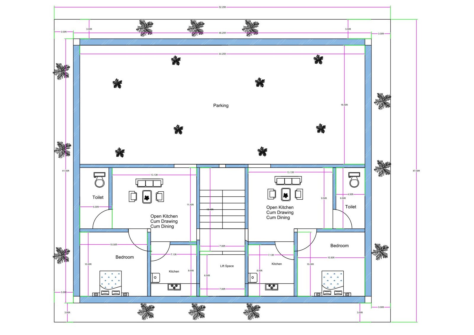 “East-facing 45×50 house plan (actual size 47×52.25 ft) featuring two 1BHK flats on the ground floor with open-kitchen–cum–dining layouts, attached toilets, central staircase with lift space, and a large landscaped parking area with plantations on all four sides for ventilation.”