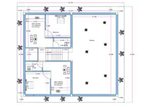 “East-facing 45×50 house plan (actual size 47×52.25 ft) featuring two 1BHK flats with open kitchen-cum-dining layouts, attached toilets, a central staircase, and a large landscaped parking area surrounded by plantation for ventilation on all four sides.”