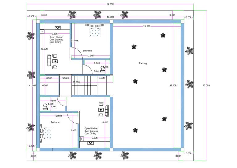 “East-facing 45×50 house plan (actual size 47×52.25 ft) featuring two 1BHK flats with open kitchen-cum-dining layouts, attached toilets, a central staircase, and a large landscaped parking area surrounded by plantation for ventilation on all four sides.”