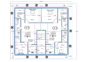 “50×50 house plan (actual size 47×52.25 ft) with two 2BHK flats, full ventilation on all four sides, setbacks provided for airflow, central staircase, open kitchen-cum-dining layouts, attached toilets, open terraces, and plantation around the building for maximum natural light and airflow.”