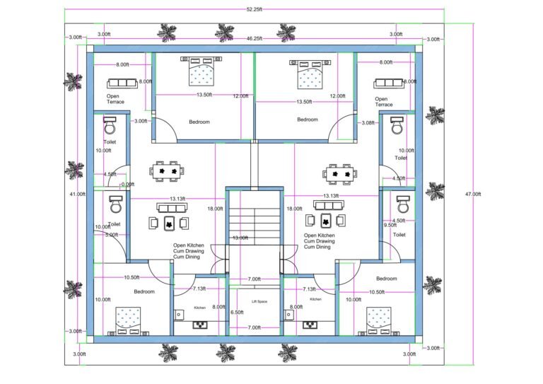 “50×50 house plan (actual size 47×52.25 ft) with two 2BHK flats, full ventilation on all four sides, setbacks provided for airflow, central staircase, open kitchen-cum-dining layouts, attached toilets, open terraces, and plantation around the building for maximum natural light and airflow.”